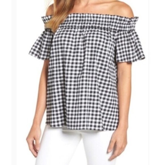 Pleione Tops - Pleione Gingham Seersucker Smocked Short Sleeve Blouse Size XS
